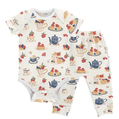 vvfelixl Baby Clothes Classic Afternoon Tea Baby Bodysuits Set Unisex Short Sleeve Babys Pants Sets 0-3M