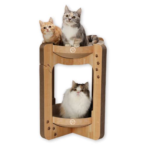Image of Necoichi Cat Scratcher Tower for Indoor Cats - Cat Scratching Post Lounger with Reversible Usability and Extra Comfort for Lounge, Cardboard Bed Couch / (XL, Oak)