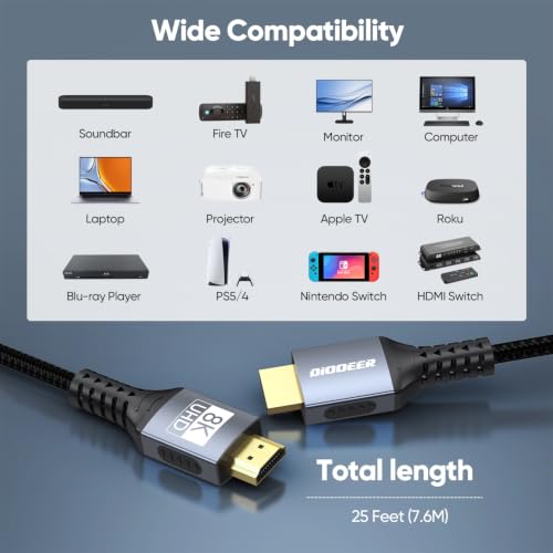 DIOOEER Long HDMI Cable 25 FT, 8K HDMI 2.1 Cord 48Gbps Ultra High Speed by DIOOEER - Used condition - Image 7
