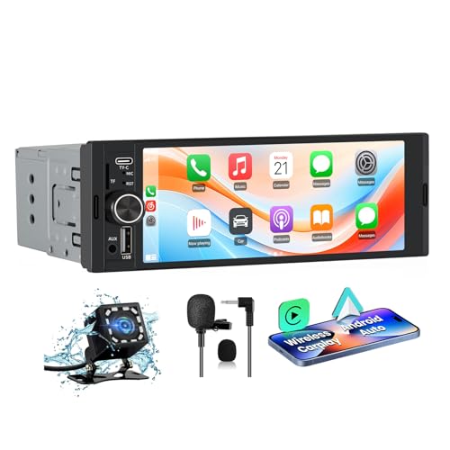 Junsun Radio Coche 1 DIN con CarPlay y Android Auto Inalámbrico, Autoradio con Pantalla Táctil de 6,36' y Cámara Trasera, Admite Bluetooth, FM, USB, TF, DSP y Mandos al Volante