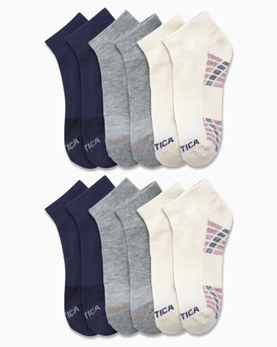 Image of Nautica Womens Quarter Socks Moisture Wicking Cushioned Socks, 12 Pack | Stretch Performance Dri-Motion Fabric, Cushioned with Arch Support, Breathable Mesh Panels, Quarter Cut, Shoe Size 4-10