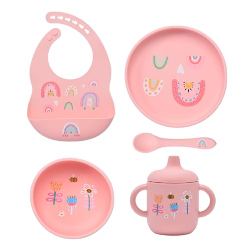 Imagination Junction silicone baby feeding set, Baby Led Weaning Supplies，Cutlery Feeding Supplies, Baby Utensils Feeding Essentials for Starting Solids，5 Piece Set (pink)