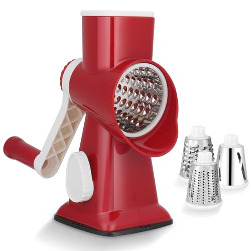 Dreamhigh® Taglia Verdure Manuale, Mandolina per Verdure con 3 Acciaio Inox Pale Tamburo, Forte Aspirazione, Grattugia Verdure, per Cucina Verdure, Patate, Carote, insalate, Tritatutto(Rosso)