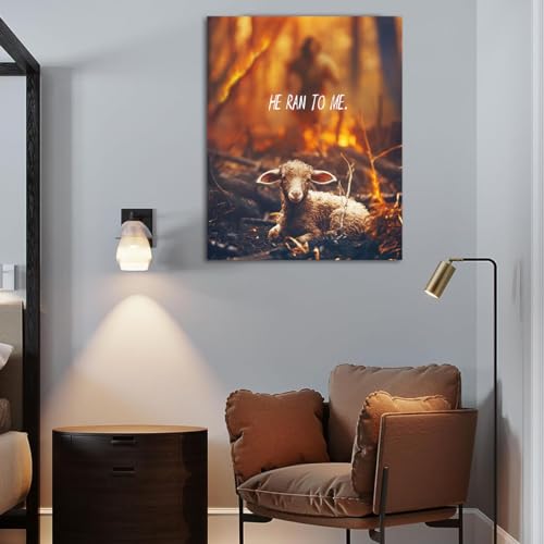 Image of GUN SUPPLIES OUTLET LLC Jesus Rescues Lost Lamb From Flames Religious Wall Art Christian Prayer Canvas Print for Wall Decoration 12x16 Inch