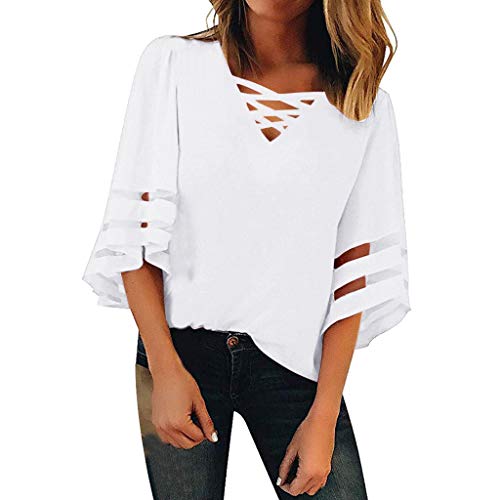 MOTOCO Mjuer Camiseta Casual Blusas/Cuello En V Hueco/Cuerno Cuff Casual Color SóLido 3/4 Camiseta De Manga Corta(XL,Blanco)