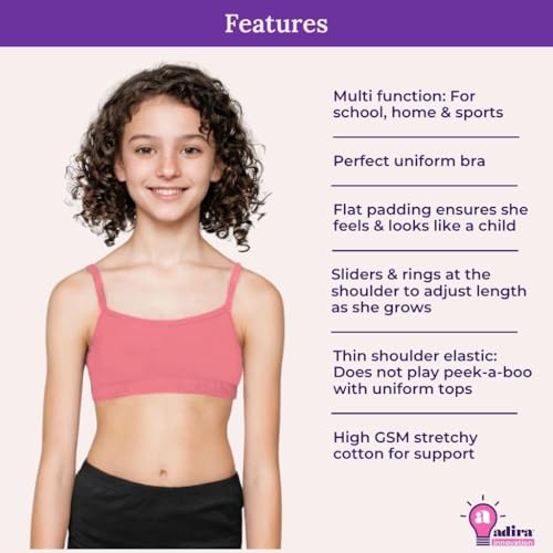 Image of ADIRA | Beginners Bra for Girls 13-14 Years | Flat Padding for Nipple Coverage | Comfortable Strecthy Cotton | Comfy-Breathable Beginners Bra & Super Soft Material | Pack of 3