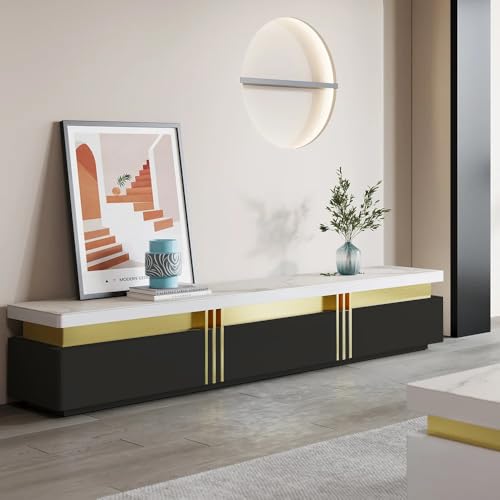 Image of Luxury Joyce Modern TV Unit /Console - 70 inch Naino Compsit Marble Top, 3 Drawer Storage - White & Gold Finish - Scratch Resistant, Waterproof Plywood - Living Room Media Cabinet (Black)