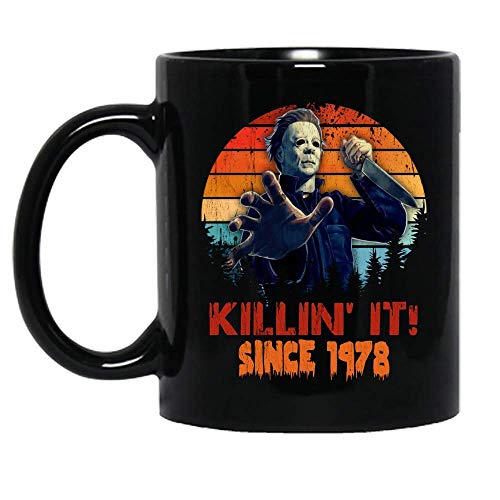 NA Vintage Killin 'It Since 1978 Michael Myers Personaje de Terror Película Disfraz de Halloween Taza de cerámica Fresca Tazas de café gráficas Tazas Negras Tapas de té Novedad Personalizada 11 oz