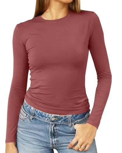 Image of Abardsion Women's Slim Lightweigh Long Sleeve T Shirts | Fall Clothes 2026 Casual Basic Crewneck Going Out Crop Tops Y2K
