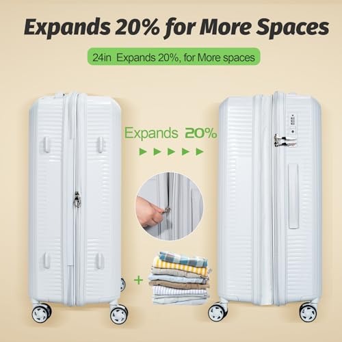 Luggage Sets 2 Piece, Suitcases with Wheels, Hardshell Suitcase Set, PP Carry on Luggage Set with TSA Lock, Travel Luggage 20/24 White4