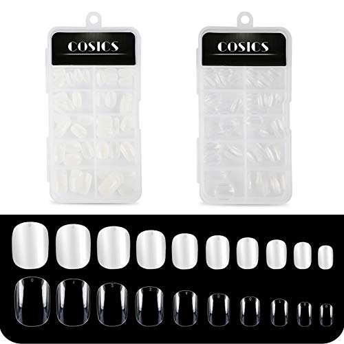 Press On Nails Square Short, 200PCS Cosics Full Cover Acrylic Nails Clear & Natural, 10 Sizes Artificial False Nail Art Tips with Storage Box for Women Kids Little Girls Party Nails DIY, Manicure