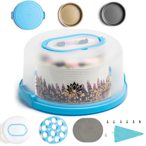 Lotus Fine Goods Cake Carrier with Lid and Handle – 10' Cake Storage Container with Baking Accessories, Cake Stand with Baking Pan, Cupcake Tray, Cake Boards & Piping Set