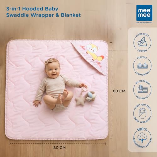 Image of Mee Mee 3-in-1 Baby Wrapper & Carry Nest for Newborns | Soft Breathable Cotton Swaddle with Hood and Cushion | Adjustable Tie-Up Design | Lightweight, Cozy & Easy to Carry (0-6 Months) (Pink)
