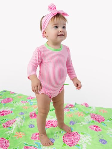 Image of RuffleButts Baby-Girls Seersucker Long Sleeve Rash Guard - One Piece Swimsuit UPF 50+ Toddler