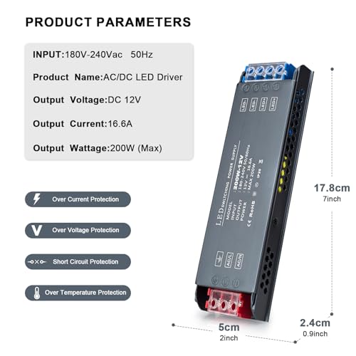 Image of QNNP LED Driver 200 Watts 12V Low Voltage Transformer Power Supply Transformer Adapter AC 100V-265V to 12V DC, LED Power Supply for Indoor Lighting