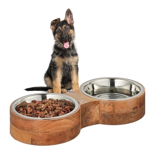 Relaxdays Hundenapfbar, für Hunde, 2 Edelstahlnäpfe, je 2,2l Volumen, HxBxT: 8 x 48 x 22 cm, Futterbar, Natur/Silber