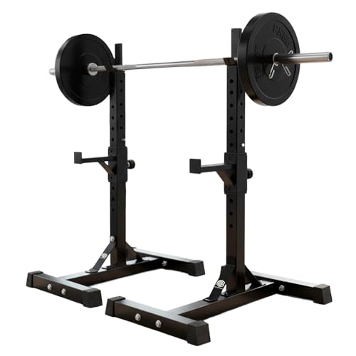 ManiBoom Soporte Barra Pesas para Sentadillas o Press Banca ESTABLE - Maquina Sentadillas Max. 300KG - Rack Musculación AJUSTABLE a 13 Alturas - Soporte Pesas Compacto para Gym en Casa