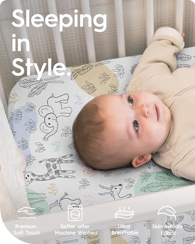 Image of Mini Crib Sheets Boy Girl, Ultra Soft Pack N Play Sheets Fitted, Neutral Pack and Play Mattress Sheets, Premium Jersey Knit Portable Crib Sheets, Secure and Cute, Elephant & Cartoon Safari