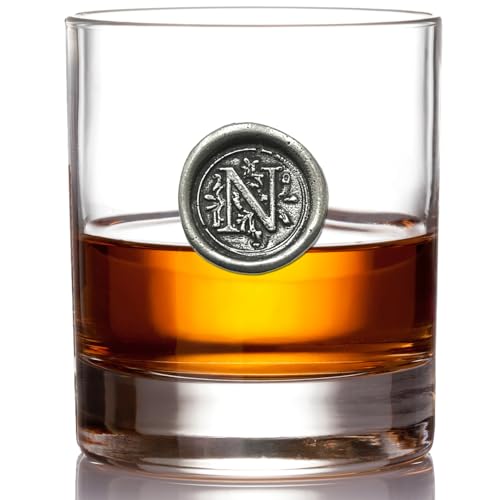 English Pewter Company 11oz Old Fashioned Whiskey Rocks Glass With Monogram Initial - Unique Gifts For Men - Personalized Gifts With Your Choice of Initial (N) MON114