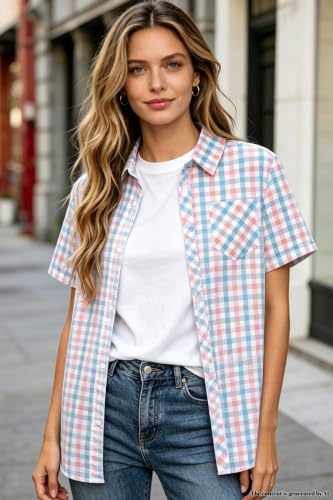 Image of SANGTREE Girls Women Plaid Shirt Short Sleeve Button Down Summer Blouses