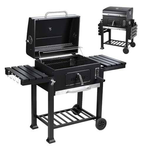 Jaxguom Barbacoa de carbón vegetal BBQ XXL Smoker con tapa y bandeja de carbón regulable, horno para ahumar, mango de acero inoxidable, termómetro y orificios de ventilación