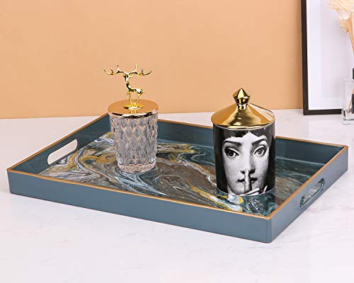 Zosenley Decorative Tray, Rectangular Plastic Tray with Handles, Marbling Vanity Tray and Serving Tray for Ottoman, Coffee Table, Kitchen and Bathroom, 15.6”L x 10.2”W x 1.5”H, Golden Dark Gray