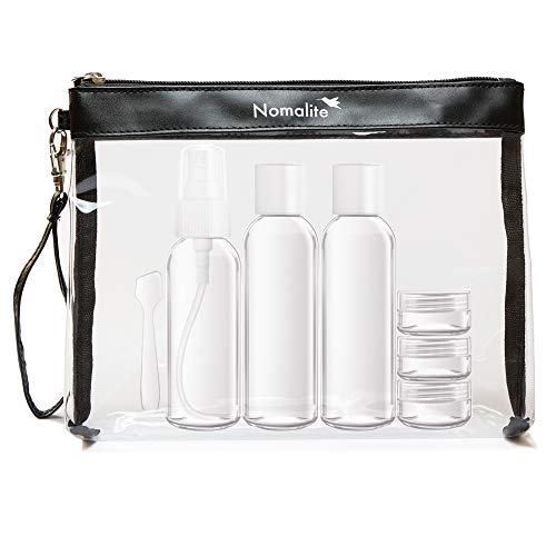 Preisvergleich Produktbild Transparente Kulturtasche für Flüssigkeiten von Nomalite / Kosmetiktasche durchsichtig inkl. Liquid Flasche 100 ml (Set mit 6 Behältern) / Ideal für Handgepäck im Flugzeug