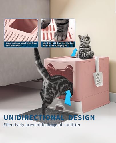 Image of Medario Cat Litter Box with Litter Mat and Scoop, Large Covered Litter Box with Lid, Enclosed Kitty Box, Front Entry Top Exit, Odor Control, Easy to Clean (Pink)