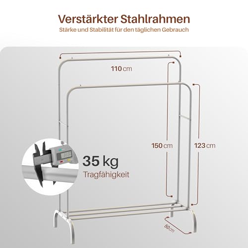 PORTENTUM Kleiderständer Stabil aus Stahl – bis 35 kg – mit doppelter Stange und Schuhablage – Kleiderstange mit rutschfesten Füßen – Endkappen gegen Abrutschen – schneller Aufbau