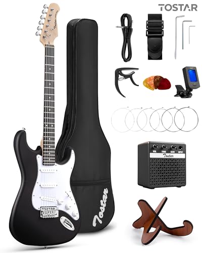Tostar 39 Inch Full Size Electric Guitar Kit For Beginners And Adults,SSS Pickup Stratocaster Guitarra Electrica Set Includes Tremolo Bridge,Amp,Strings,Stand,Case Bag,Birthday Christmas Holiday Gifts