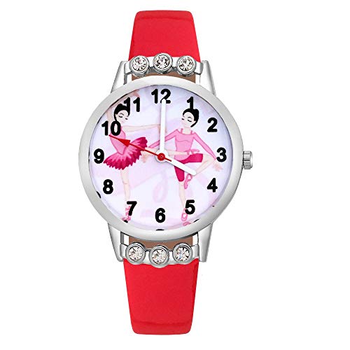 Reloj de niña Dibujos Animados de Moda Pretty Ballet Girl Crystal Style Relojes Student Girls Reloj de Pulsera de Cuero de Cuarzo Reloj Relojes para niñas (Color : Pink)