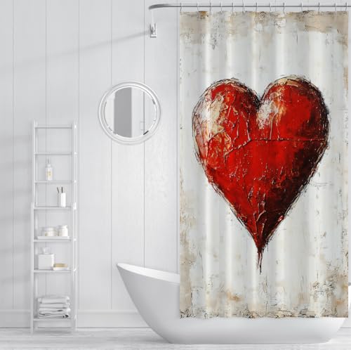 Rideau de douche abstrait coeur rouge en polyester imperméable 90x180cm avec crochets