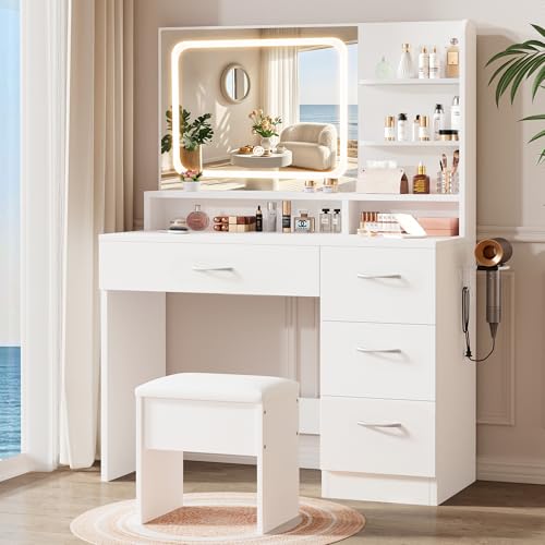 LIVELYGLOW Makeup Vanity Desk with Smart LED Mirror & Charging Station, 34.1' White Vanity Table Set...