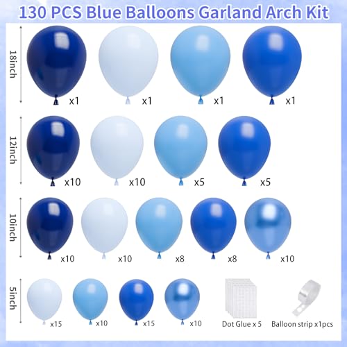 Image of Blue Balloons Garland Arch Kit,130pcs Different Sizes Royal Blue Balloon Navy Blue Balloon Light Blue Balloons for Baby Shower Birthday Graduations Anniversary Party Decorations