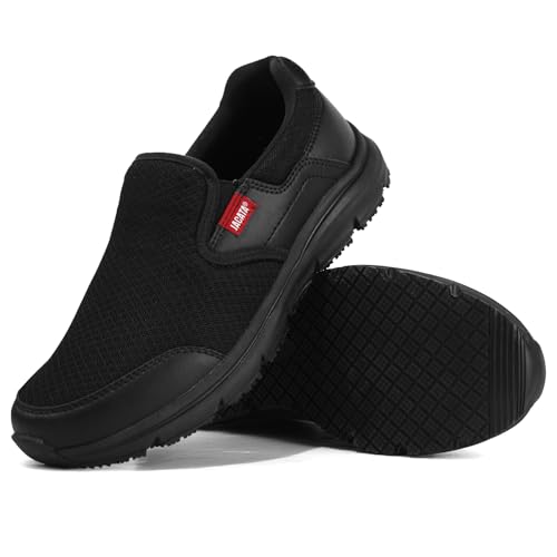 Image of Jacata Non Slip Black Work Shoes for Men Food Service Mens Water Slip Resistant Leather Slip on Chef Walking Shoes for Restaurant Kitchen Sneakers
