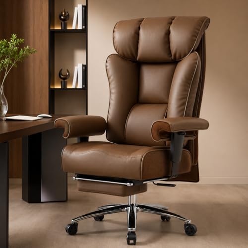 Efomao Silla de Oficina Reforzada 200 kg con Reposapiés – Silla Ejecutiva de Cuero PU con Respaldo Alto, Reposabrazos Acolchados Ajustables y Soporte Lumbar