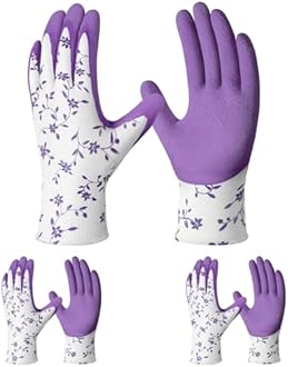 Pleneal Gardening Gloves for Women Men - 3 Pairs Breathable Garden Gloves with Grip, Printed Latex Coating Outdoor Working Gloves for Lawn Yard, Medium Size Fits Most