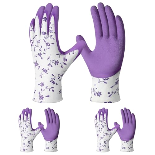 Pleneal Gardening Gloves for Women Men - 3 Pairs Breathable Garden Gloves with Grip, Printed Latex Coating Outdoor Working Gloves for Lawn Yard, Medium Size Fits Most