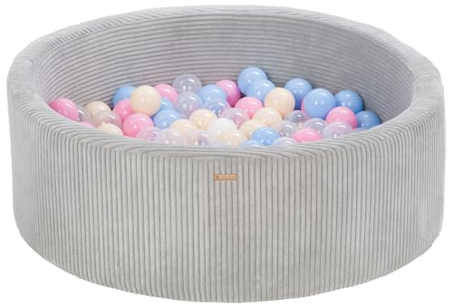 Piscina con 200 palline colorate rotonda 90cm velluto a coste bambino gioco (Colore piscina/palline: grigio/bianco, blu chiaro, rosa chiaro, cappuccino)