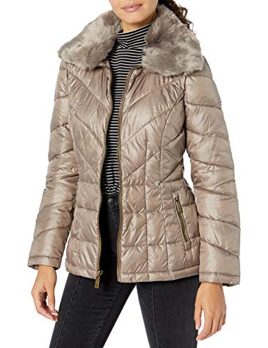 Kenneth Cole New York Women's Zip Front Puffer with Faux Fur Collar, Thistle, Small