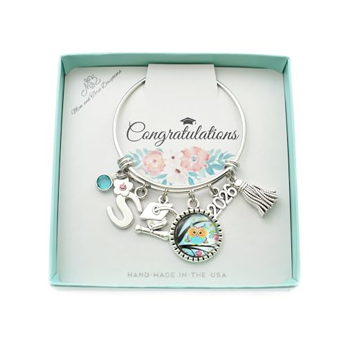 MOM & THREE DAUGHTERS Kindergarten Graduation Bangle Bracelet in Silver Tones | 2026 | Handmade Stainless Steel Personalized with Silver Metal Initial Jewelry | Fabulous Gift for Little Girl's