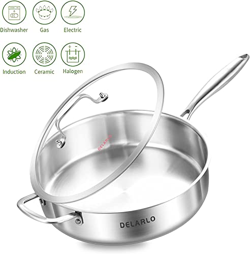 Delarlo Whole Body Tri-Ply Stainless Steel Sauté Pan With Lid, 6 Quarts Saute Pan, 12 Inch Deep Frying Pan, Induction Compatible Chef Cooking Pan, Dishwasher & Oven Safe #TOP4