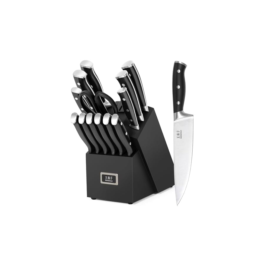Premium Chef Knife Set, High Carbon Stainless Steel Block Knife Set Ergonomic Triple-rivet Handle, Sharp Knives Set for Kitchen, over 300 Years of Masterful Craftmanship(Black,15PCS)