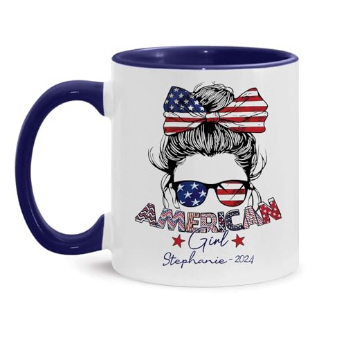 LASNECK Lovely American Girl Accent Cup, Personalized Name And Year On American Pride Mug, Customized US Citizenship Coffee Cup 11Oz Or 15Oz, American Citizen Mug, Gift For Celebration