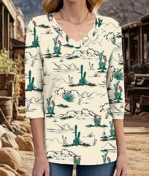 Womens Tops 3/4 Length Sleeve Shirts V Neck Graphic Western Shirts Loose Casual Vintage Blouses Cactus Desert Tees - Image 2
