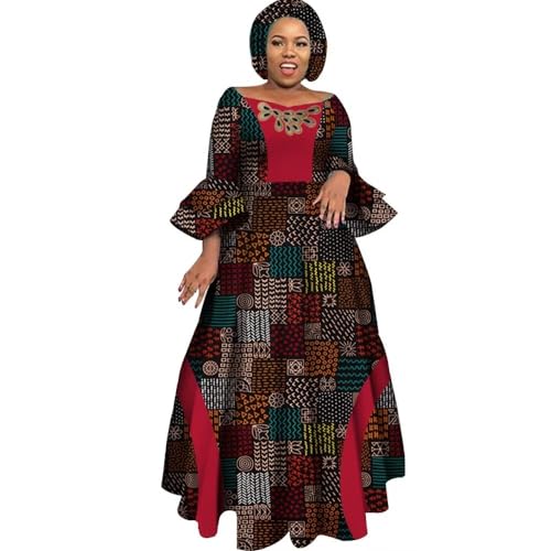 Image of iooiooi Womens African Print Party Maxi Dress Tradition Dashiki Ankara Long Dress & Headwrap