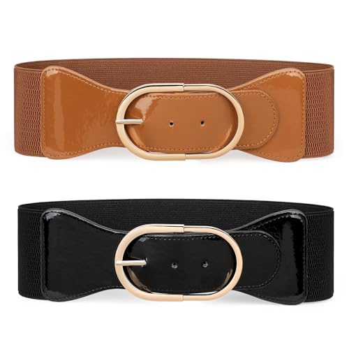 JASGOOD 2 Pack Women Wide Stretchy Belt Vintage Elastic Waist Belt for Dress with Gold Buckle