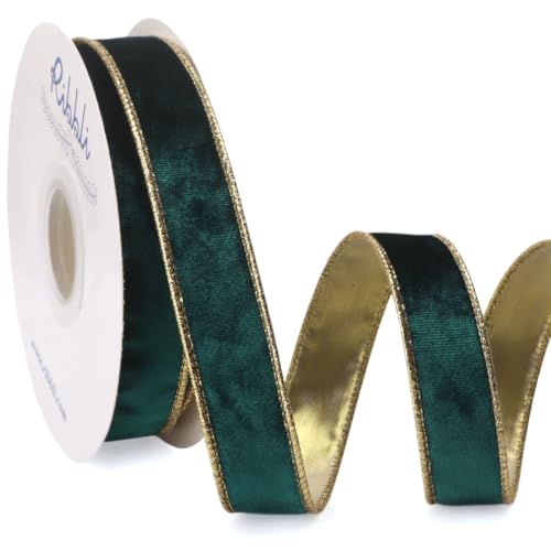Image of Ribbli Forest Green Crushed Velvet Wired Ribbon 1 inch x 10 Yds Continuous