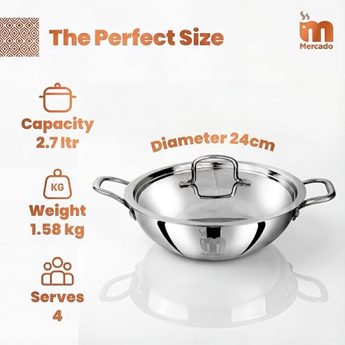 Image of Mercado Triply Stainless Steel Kadhai 24 cm (2.7L) with Lid | SS304 Food Grade | Even Heating | Ideal for Daily Cooking & Frying | Induction & Gas Compatible | 5 Years Warranty