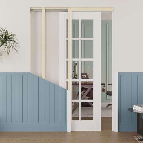 Image of 24 inch x 80 inch 10-Lite Clear Glass Pocket Door, Soft-Close Sliding Pocket Door with Frame & Hardware Kit Set, Primed All-Inclusive Interior Door Slab for Home, White, Need to Assemble